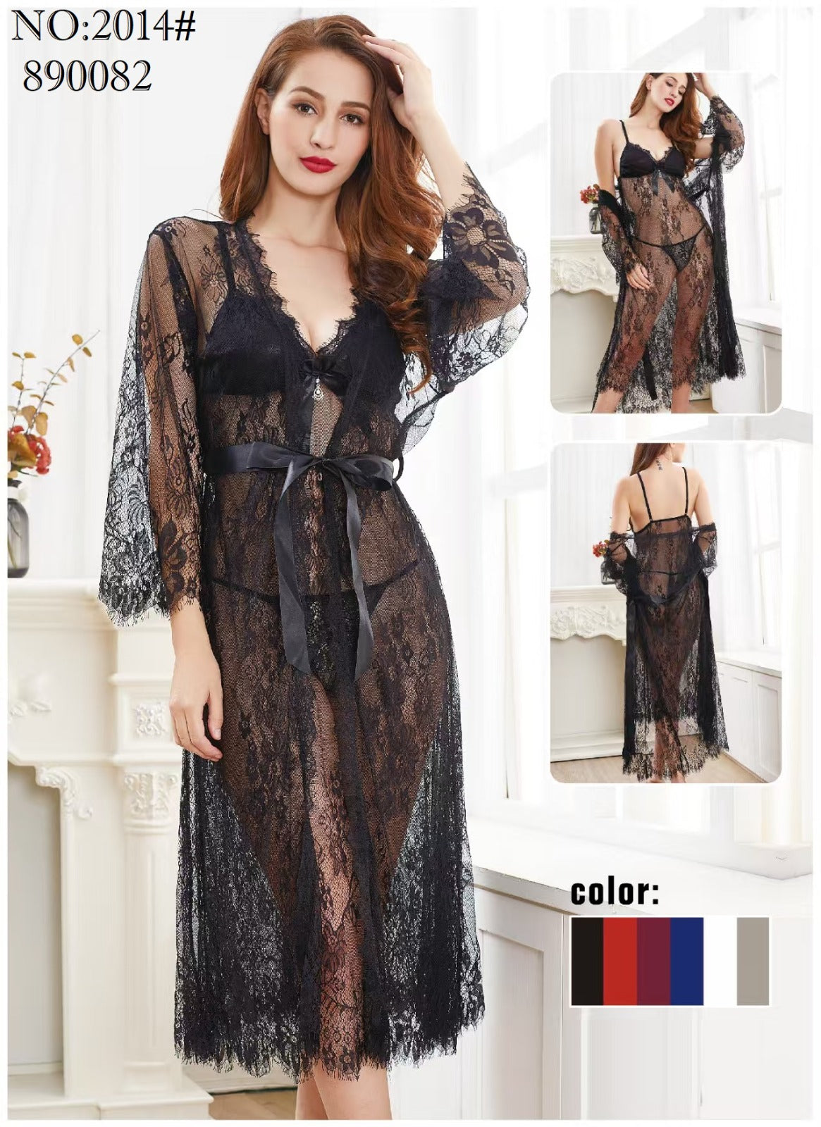 Black Sheer Lace Long Robe Nightwear