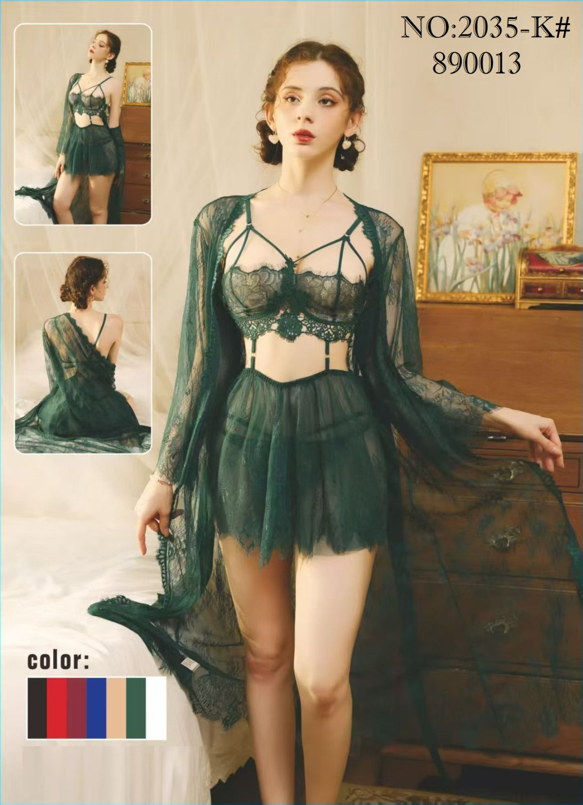 Emerald Green Lace Lingerie Dress Set