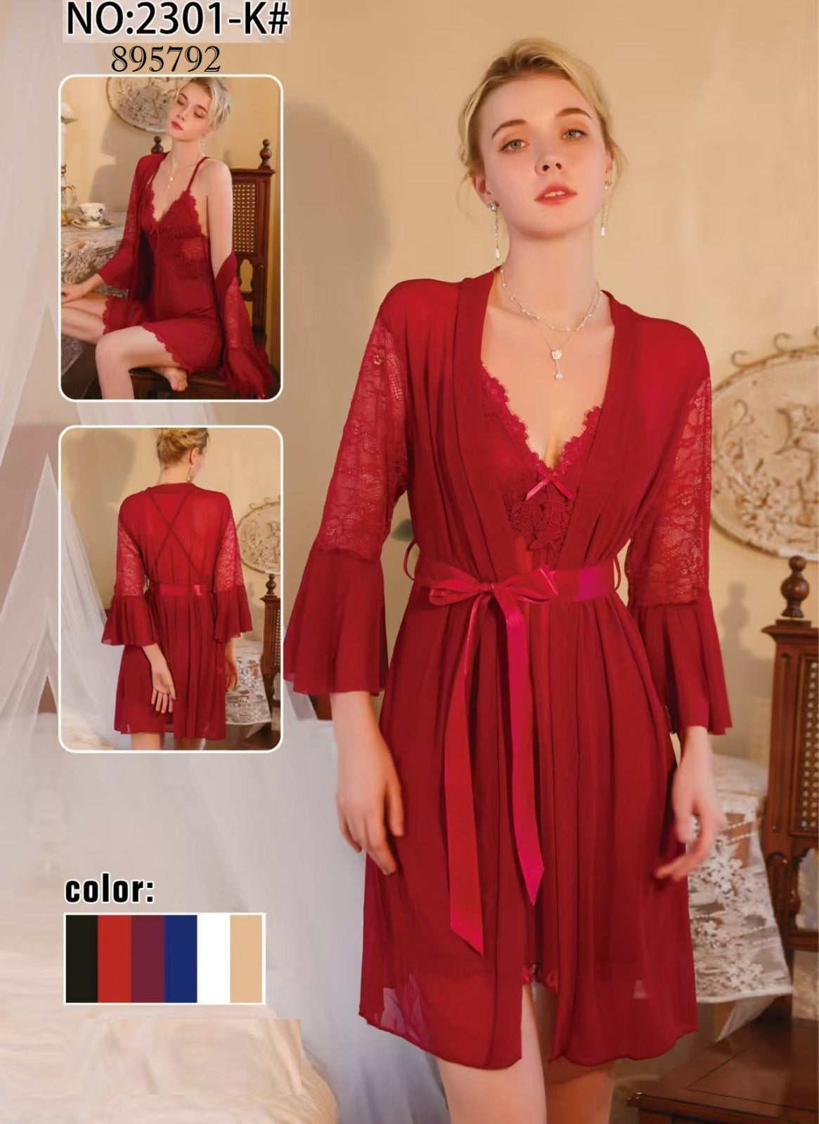 Deep Red Lace Nightgown with Robe